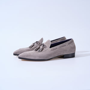 Italian Baby Calf Suede Tassel Loafers#Color_Light Grey