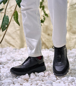 Italian Baby Calf Suede and Togo Calf Sneaker#Color_Black