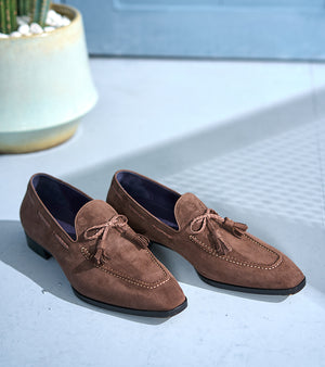 Italian Baby Calf Suede Tassel Loafers#Color_Brown2