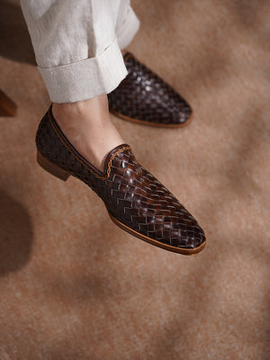Kangaroo Skin Braided Slippers#Color_Dark Brown